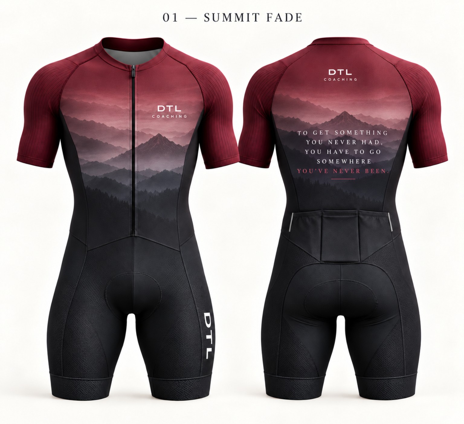 DTL Summit Fade triathlon suit in burgundy, front and back design mockup